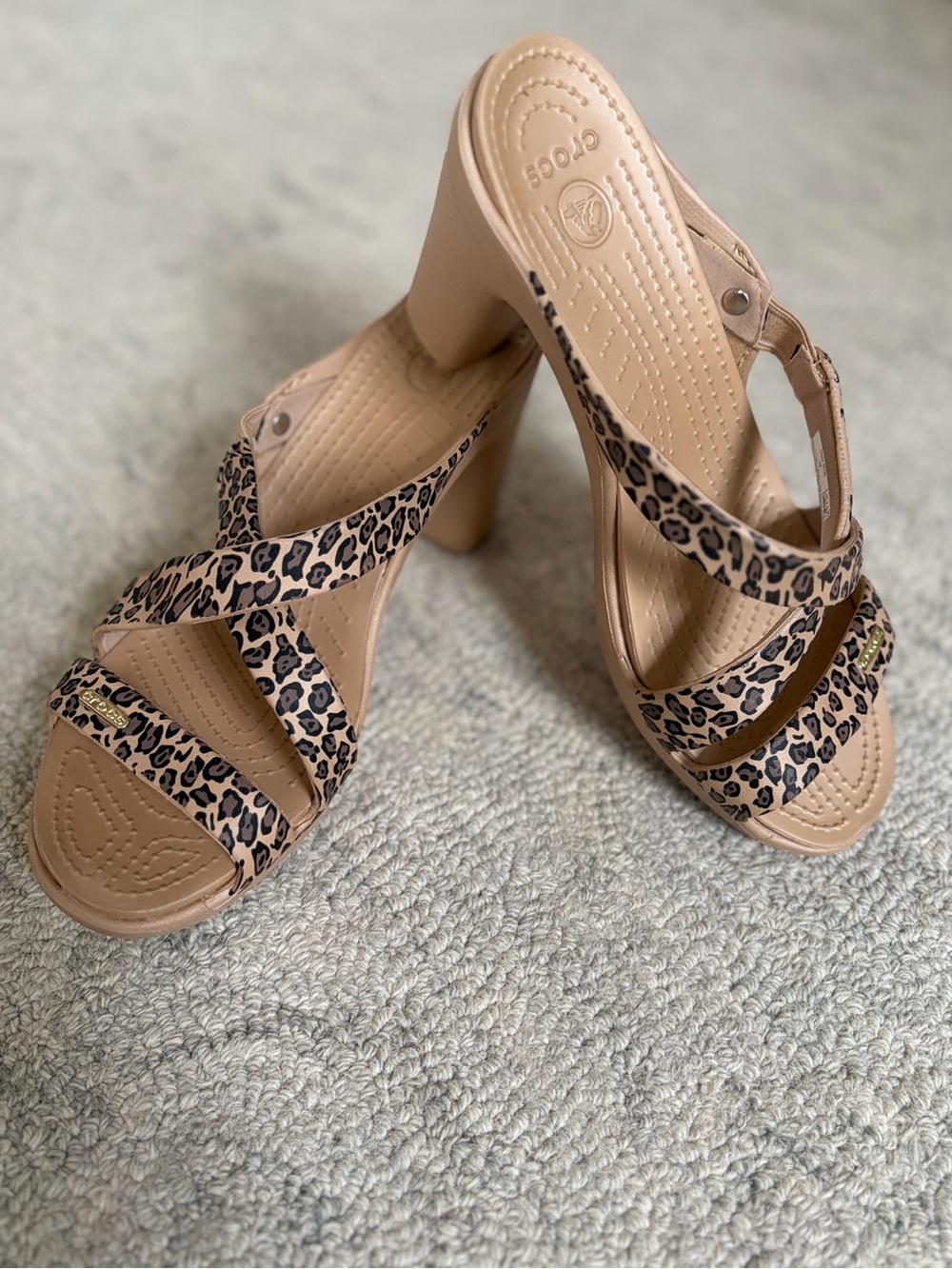 CROCS Leopard-Print Heeled Sandals in Tan and Black